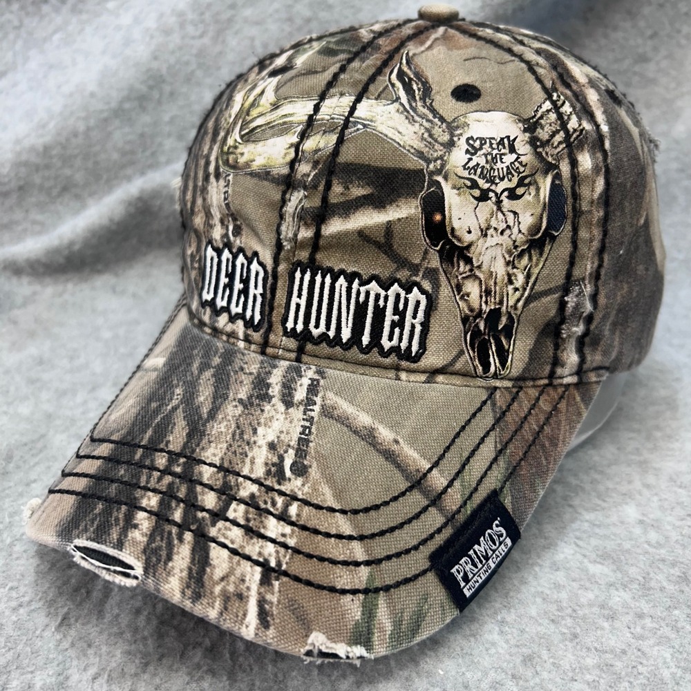 Deer Hunter Skull Mens Camo Primos Hunting Calls Distressed Strapback Hat OSFM